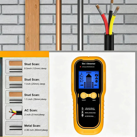 AUNMAS ABS Construction Handheld Stud Finder Wall Scanner with LCD Display showing various scan depths and wire types.