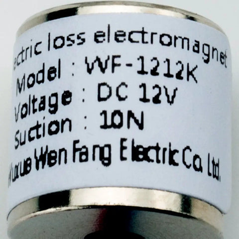 12 Volt Direct Current Electric Lifting Magnet featuring 10 Newton holding force, details on a compact solenoid design.