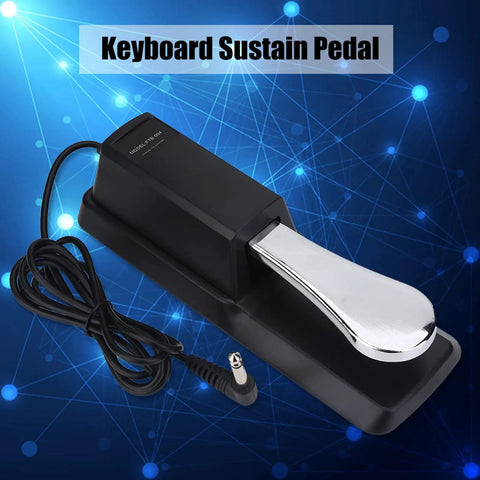 Universal Keyboard Sustain Pedal For Digital Pianos with slip-proof foot pedal and non-slip bottom grips floor visible on blue background.
