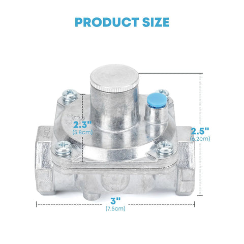 Heavy-duty gas regulator propane natural gas with dimensions 2.3x2.5x3 inches, ideal for outdoor appliances and consistent gas flow.