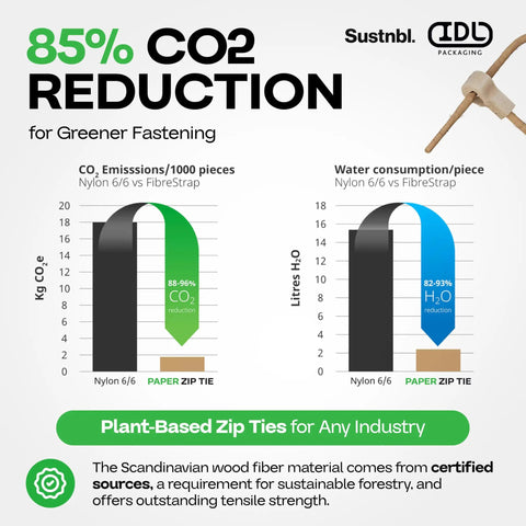 Graph showing 85% CO2 reduction for Fiber Based Eco Zip Ties 16 Inch 400 Pack Beefy Heavy Duty 44 Lb Strength Eco Friendly Tie Wraps