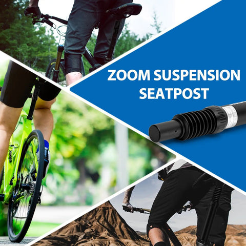 Collage showing coil spring suspension seatpost 31.6x350mm for MTB BMX E bike, riders on trails, and detailed view of alloy post