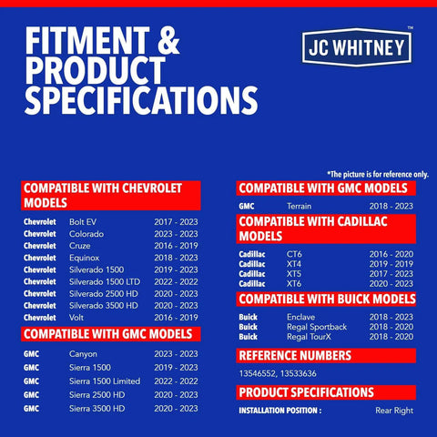 Fitment and product specifications for rear right door lock actuator for Chevrolet GMC models, detailed compatibility chart.