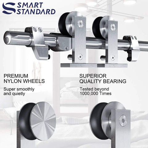 Top Mount Sliding Barn Door Hardware Kit In Stainless Steel, 6 Feet Track, featuring nylon wheels and quality bearings close-up