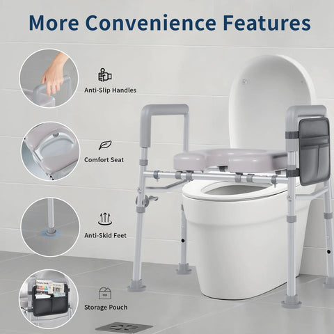 Adjustable Raised Toilet Seat With Plush Padded Cushion And Sturdy Safety Handles Built Tough 450 Lb Capacity with anti-slip handles.