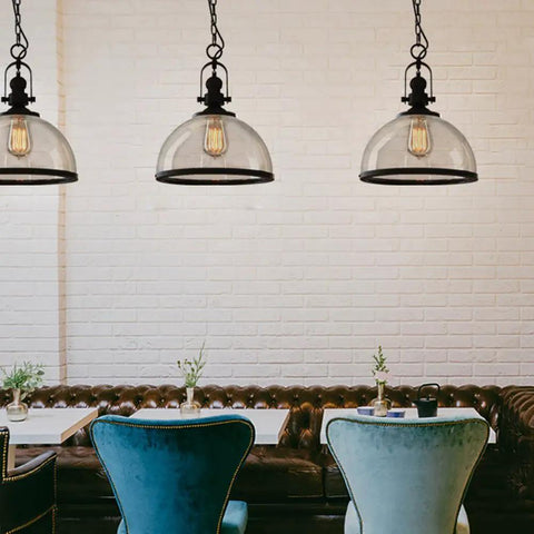 Industrial Nautical Glass Pendant Light 13.5 Inch Transparent Clear Ceiling Chandelier Hanging Fixture Black Finish For Kitchen Dining Bar Cafe 40W Max With 2 Year Warranty over a dining table setting.
