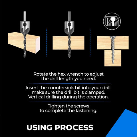 Instructions diagram for using 7 Piece Countersink Drill Bits Set For Woodworking High Carbon Steel Carpenter Bits With Chamfering Pedestals