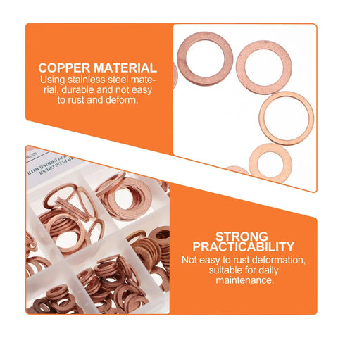 Heallily 200 Pc Copper Oil Seal Washer Set With Flat Gaskets Kit And Sealing Rings For Quick Fixes To Stop Leaks On Cars Appliances And Heavy Duty Jobs Around The House Or Shop With Super Smooth Red Finish, copper washers in storage box