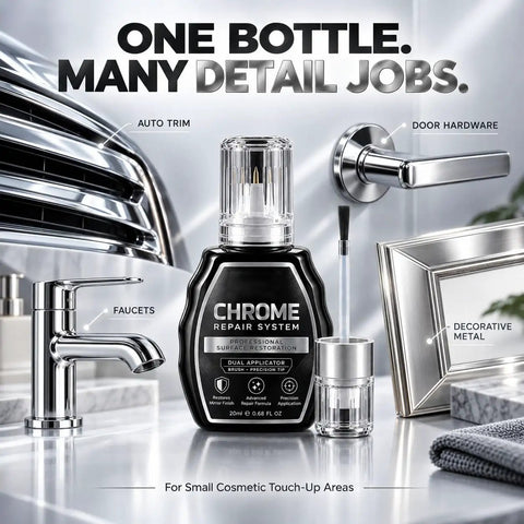 Chromed Out Repair Pen and Scratch Eraser for Ridiculous Metallic Gleam on Automotive Trim Badges and Plumbing Fixtures Silver Shine Touch Up Marker for Dull Metal Surfaces Fast Drying Formula Heavy Duty Restoration Tool, featuring chrome bottle with applicators for precise repairs.