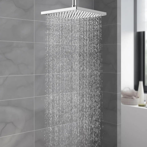 12 Inch High Pressure Square Rain Shower Head With Six Tenths Of An Inch Thick Metal Construction And Adjustable Brass Ball Joint For Full Body Waterfall Coverage In Chrome Finish, CUPC Certified For Consistent Flow