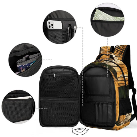 Wild Rock Tiger Printed Backpack for Men and Women, Large Capacity Daypack open to show organization pockets and durable polyester