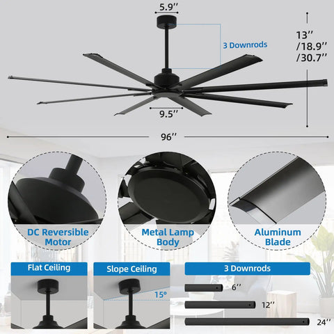 96 Inch Industrial Ceiling Fan Without Lights With 8 Reversible Aluminum Blades and DC Motor, suitable for large rooms or garages