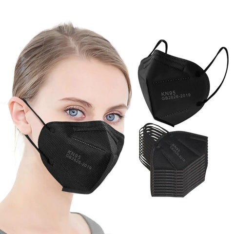 Model wearing Black Five Layer KN95 Face Mask Cup Design For Dust Protection with elastic ear loops and stack of masks