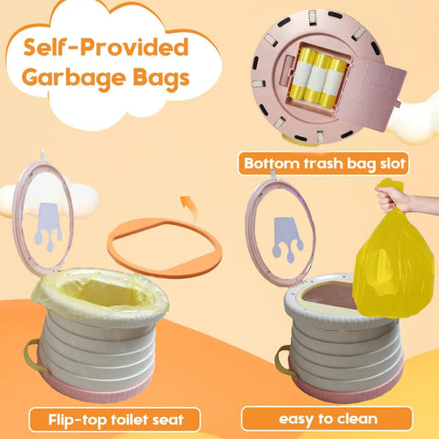 Lightweight Folding Toddler Potty Travel Seat With Leak Safe Disposal Bags compact design with flip-top and bottom trash bag slot.