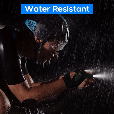 Cyclist in rain using Led Flashlight Gloves Rechargeable Hands Free Light For Fishing Camping Repairs And DIY Projects Must Have Gift For Men Dad Boyfriend Christmas Stocking Stuffers White Elephant Gifts