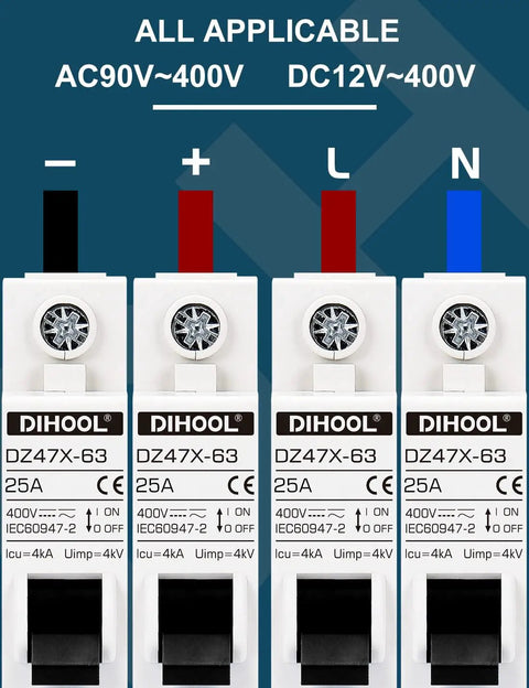 Front view of four Two Pack AC DC Miniature Circuit Breakers Single Pole 25 Amp For 12 24 48 400V DC And 90 480V AC Systems