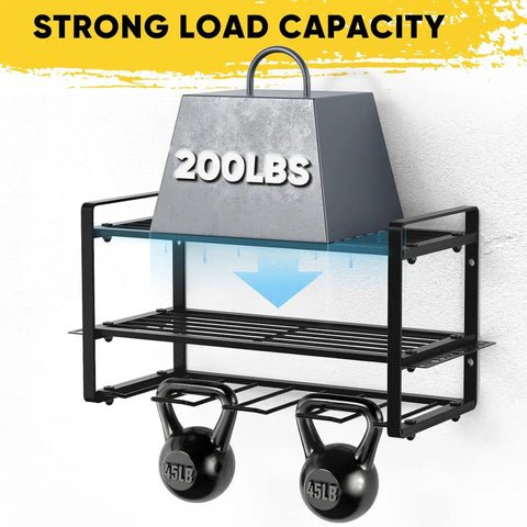 Heavy Duty Power Tool Organizer And Drill Holder Wall Mount For Garage And Workshop 3 Tier Cordless Drill Storage Rack Easy Install Tool Storage System With Side Slots And Hooks showing 200lbs weight capacity