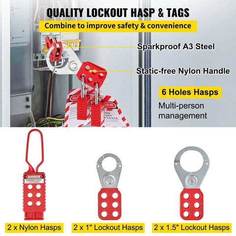 Lockout Tagout Kit 42 Piece Safety Set With Padlocks Hasps Tags Ties And Case shown with quality lockout hasps and tags for electrical and machinery use.