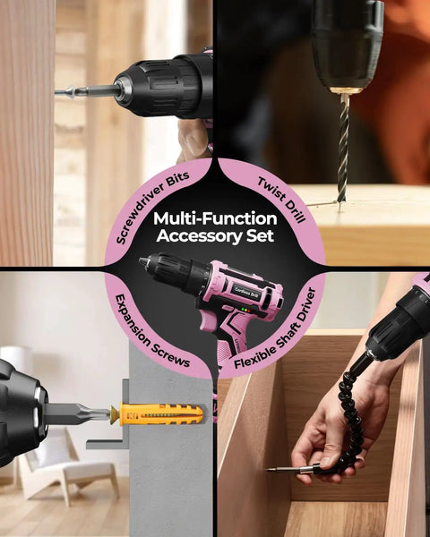 Pink Cordless Drill Set For Women 20V Lightweight Electric Power Drill With Three Eighths Inch Keyless Chuck Includes Power Pack And Charger Womens Tool Kit For Home Diy Projects And Quick Easy Household Fixes, featuring screwdriver bits and twist drill.