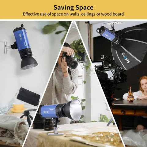 Hella Sturdy Overhead Camera Wall Mount With All Metal Welded Frame And Roomy 3.34 Inch Wall Plate featuring 1/4 And 3/8 Inch Screw Threads, wall-mounted blue light and camera setup.