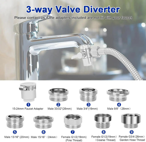 3-way Valve Diverter with various faucet adapters for Top Shelf Handheld Bathtub Shower Head With 79 Inch Hose.