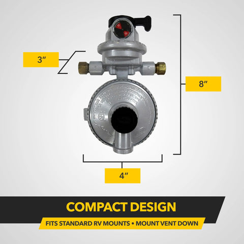 Compact automatic RV propane regulator with dual tank changeover system, dimensions labeled for easy installation and vent down mounting.