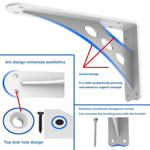 White Heavy Duty Floating Shelf Brackets Tough As Nails Rock Solid Wall Mount with arched design and sink hole detail.