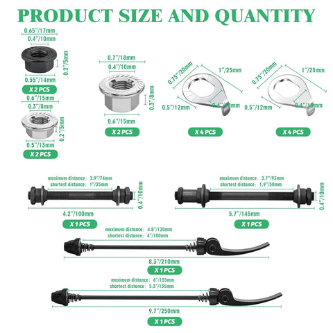 16Pcs Bicycle Hub Nut And Safety Washer Kit With 3 Size Nuts M9.5 M10 And M8 Front And Rear Quick Release Levers Washers And Hollow Shafts Replacement Parts For MTB And Road Bikes shown with dimensions and quantities.