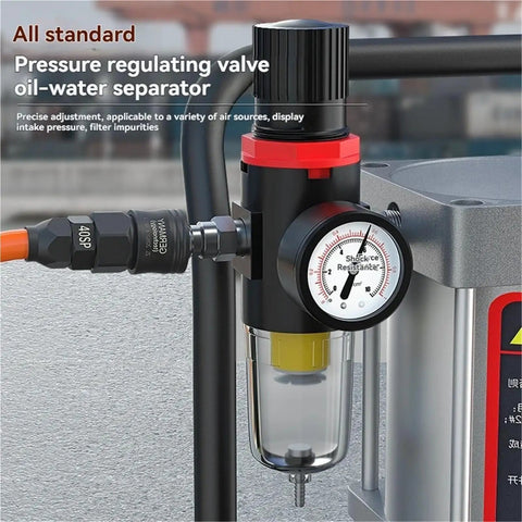 Pressure regulating valve oil-water separator designed for pneumatic systems with gauge for adjusting air pressure.
