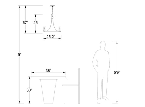 Diagram showing dimensions of Five Light Wagon Wheel Farmhouse Chandelier Pendant Ceiling Light With Round Wood Finish, height 67".