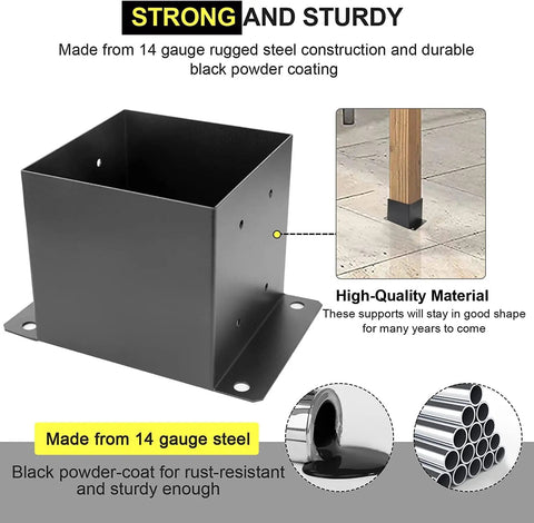 Heavy Duty 6x6 Post Base Brackets 8 Pack Built From 14 Gauge Steel With Black Powder Coat showcasing structure and material details