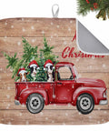 Holiday Dish Drying Mat For Kitchen Counter With Red Truck Cows Pine Trees Snowflakes Wood Grain Design Absorbent