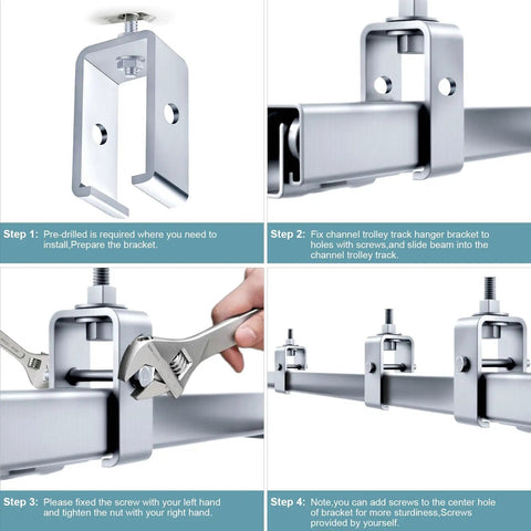 Step-by-step guide for installing Heavy Duty Channel Trolley Track Hanger Brackets For Unistrut Strut System With 3/8 Inch Bolts And 1200 Lb Load Rating Four Pack.