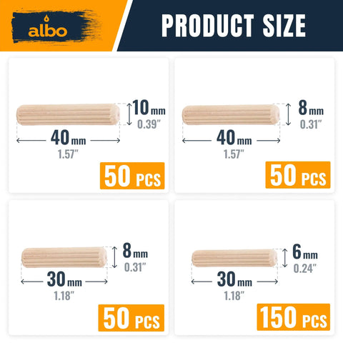Wood Dowel Pins Set 300 Pack Assorted Sizes 6x30mm 8x30mm 8x40mm 10x40mm fluted birch dowels product size chart