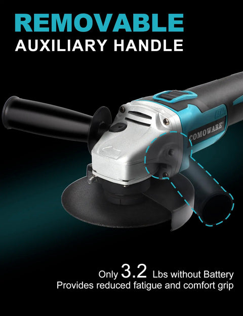 Cordless Four And A Half Inch Angle Grinder With 20V Brushless Motor, removable handle shown for versatility.