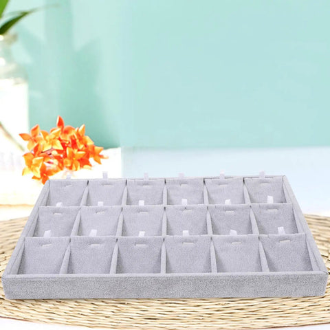 Large Grey Velvet Jewelry Tray With 18 Grid Dividers For Necklace And Watch Storage Soft Lined Organizer Dish displayed on a desk.