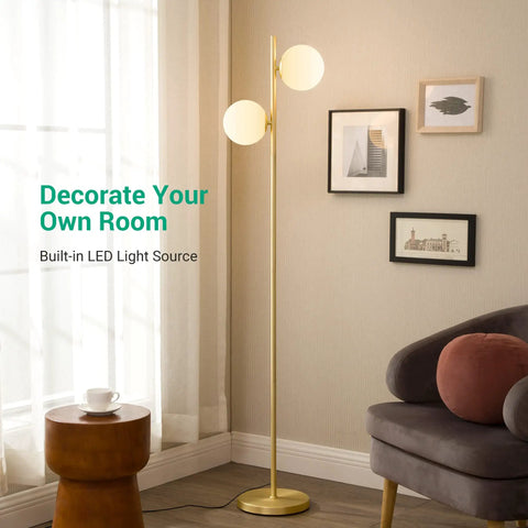 Mid Century Modern Floor Lamp With Built In LED Gold Globe, Stepless Pedal Dimmer, Two Frosted Glass Shades, Tall Corner Lamp