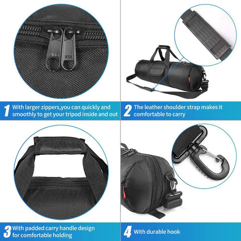 Close-up of zippers and padded handle on All Around Thick Padded Tripod Carry Case Built Like A Tank Fits Camera Stands Up To Twenty Five Inches.