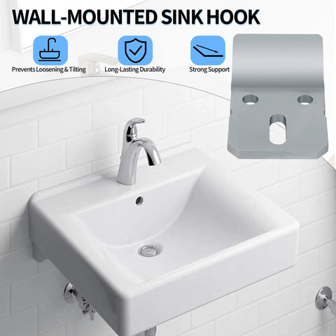 Hella Sturdy Wall Mounted Sink Bracket And Hook Kit Replacement Parts For Secure Bathroom Installation Works Smoothly With Wall Hung Basins And Urinals Two Piece Set Easy Peasy Setup Guaranteed To Hold Tight image showing wall-mounted white sink with silver hook.
