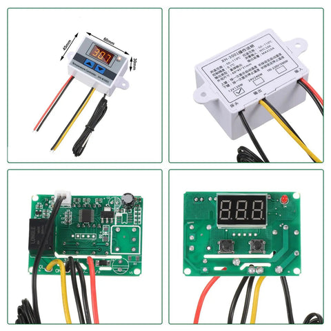 Digital LED Temperature Controller Module With Waterproof Probe, Programmable Thermostat For Heating And Cooling, Range -50C To 110C, 12V 10A 120W, 2-Pack showing front and back views with wiring