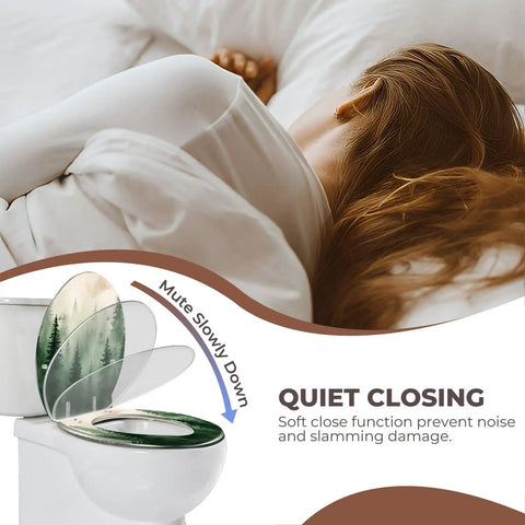 Toilet Seat Round Resin for Bathroom with soft close feature, shown above a toilet, preventing noise and slamming.