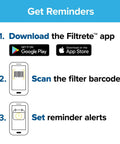 Steps to get reminders: download Filtrete app, scan filter barcode, set reminder alerts on phone