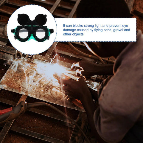 Kick Ass Flip Up Welding Goggles Heavy Duty Safety Glasses Rugged 2 Pack Welder Shades, black frame with flip up lenses, protecting eyes during welding.