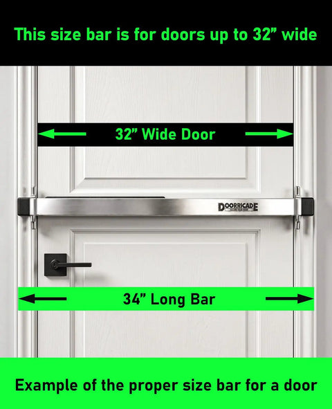 Heavy Duty Security Door Bar For Inward Opening Doors Up To 32 Inches shown on a 32 inch wide door with 34 inch long bar.