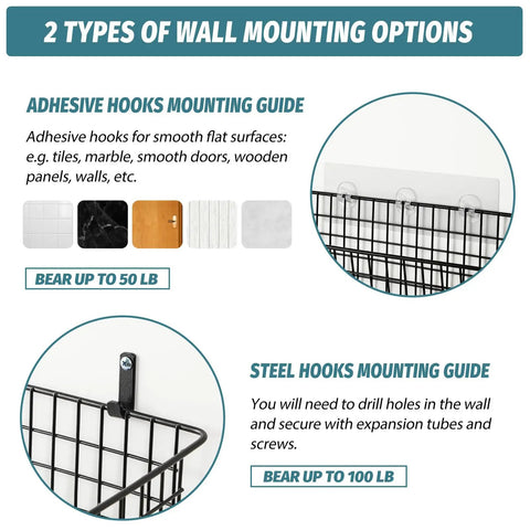 Extra Large Hanging Wall Mount Storage Baskets 4 Pack Sleek Black Wire Metal Organizer mounting guide for adhesive and steel hooks.