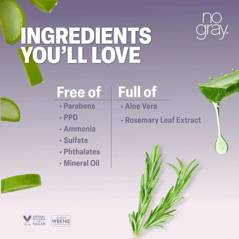 No Gray product ingredients list showing items free of harmful chemicals and full of aloe vera and rosemary leaf extract.