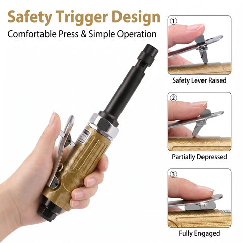 Badass Air Die Grinder With Extended Long Shaft For Tight Squeeze Tasks, Dual Collets, 22000 RPM, showing safety trigger design in use.