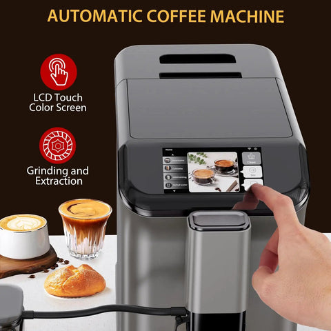 Super Automatic Espresso Machine With Built In Burr Grinder And 20 Bar High Pressure Auto Milk Frother Compact Countertop Brew Setup For Smooth Lattes And Cappuccinos Daily Grind with LCD touch screen and coffee options.