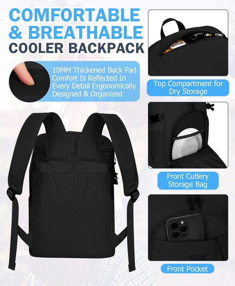Back view of black cooler backpack with compartments and focus text, 22L Insulated Leak Proof Cooler Backpack For Beach Picnics Camping And Travel Waterproof Soft Cooler Bag With Heavy Duty PEVA Liner Keeps Ice Cold Go To Gear For Fishing Hiking Outdoor Adventures Black