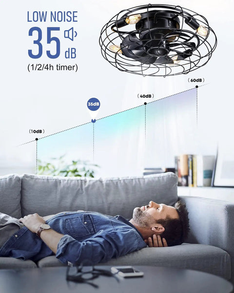 18-Inch Caged Flush Mount Ceiling Fan With Lights And Remote, silent operation in living room with man relaxing on sofa.